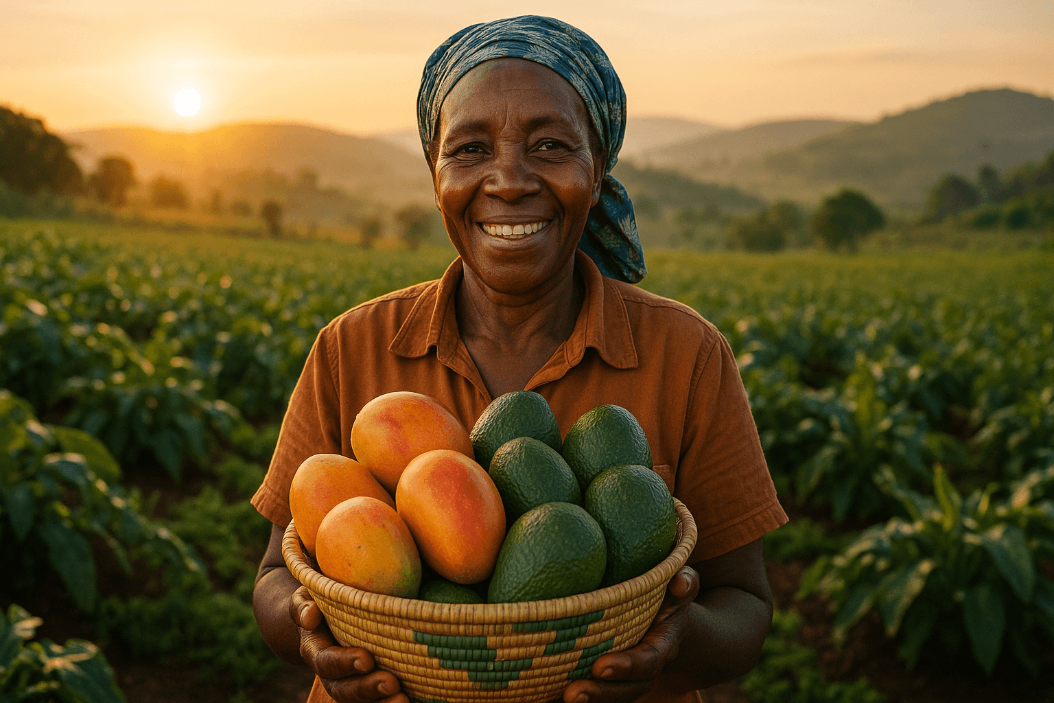 Smiling African farmer holding fresh produce